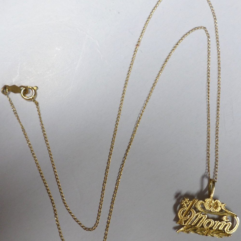 Vintage 14k Yellow Gold Diamond Cut #1 Mom Pendant & 16" Chain Necklace Un-Worn